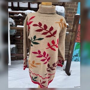 Vintage 90s Basic Editions Leaf Knit Turtleneck Sweater Tunic Plus 20W 2XL